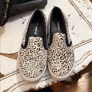 Timberland Black and White Leopard Slip on’s